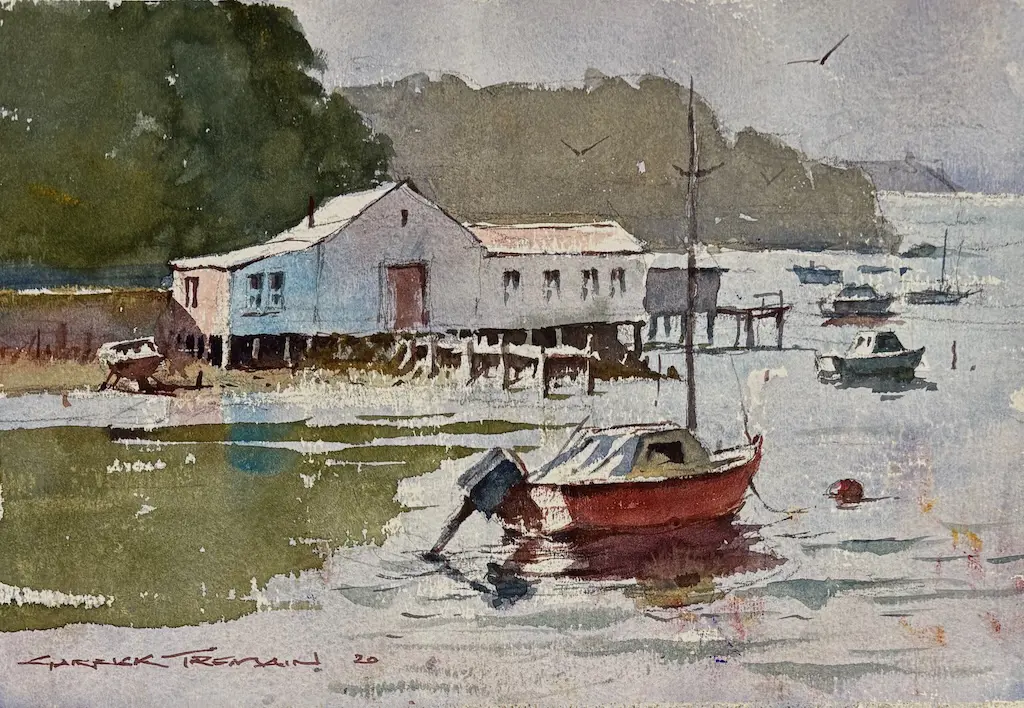 Garrick Tremain - The Old Boat Sheds, watercolour on paper, 190x275mm Image 1++