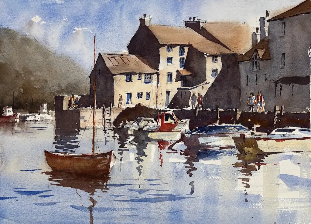 Garrick Tremain - Fishing Village, watercolour on paper, 280x380mm Image 1++