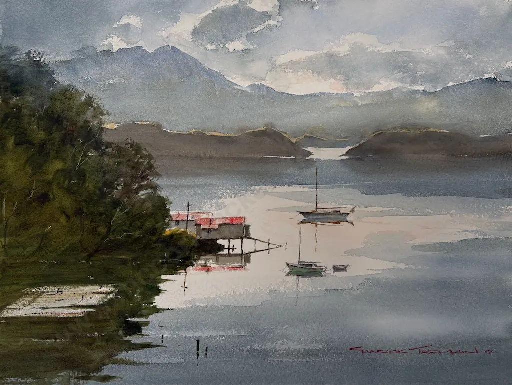 Garrick Tremain - Yacht in the Bay, watercolour on paper, 280x380mm Image 1++