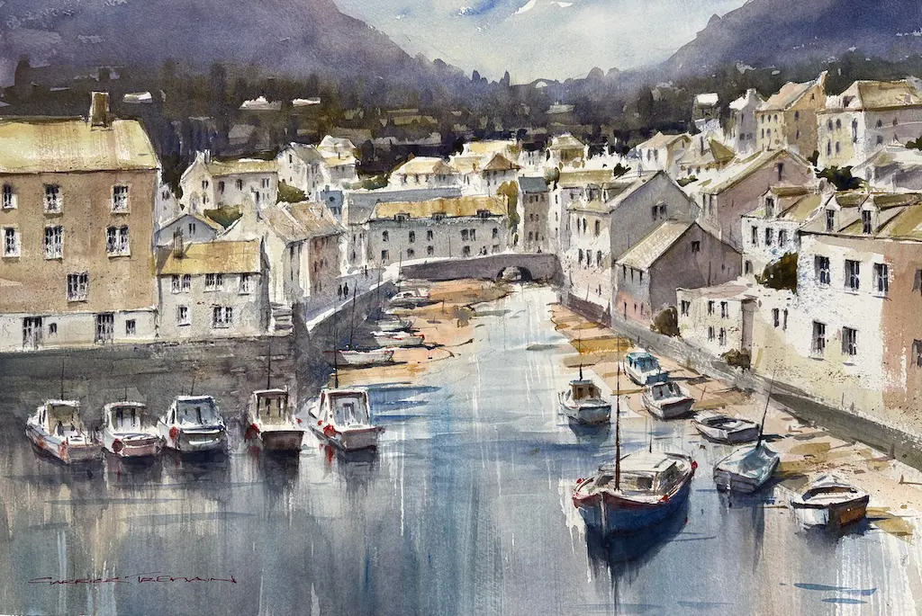 Garrick Tremain - English Fishing Village, watercolour on paper, 380x570mm Image 1++