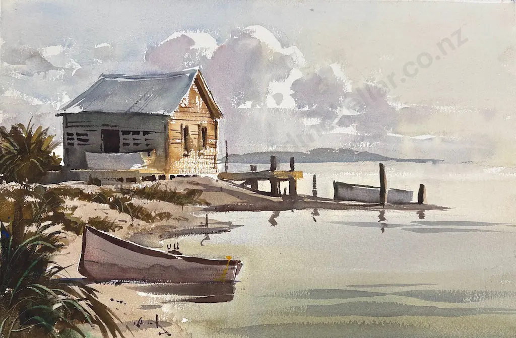 Garrick Tremain - Dinghies in Boatshed, watercolour on paper, 370x570mm Image 1++