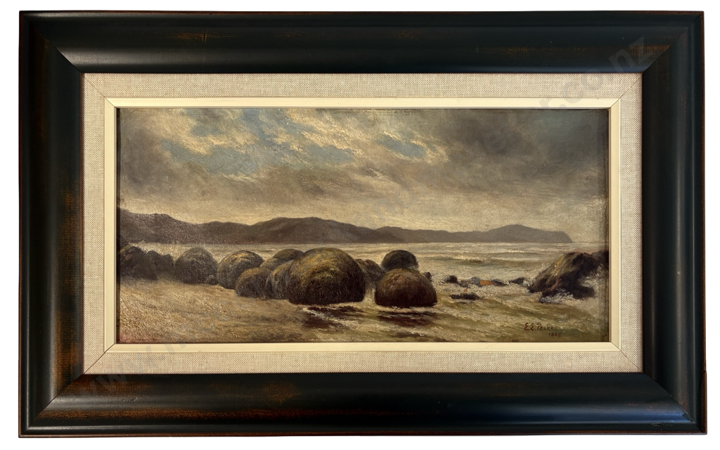E E Packer - Moeraki Beach Otago 1889, oil on canvas, 160x340mm Image 1++