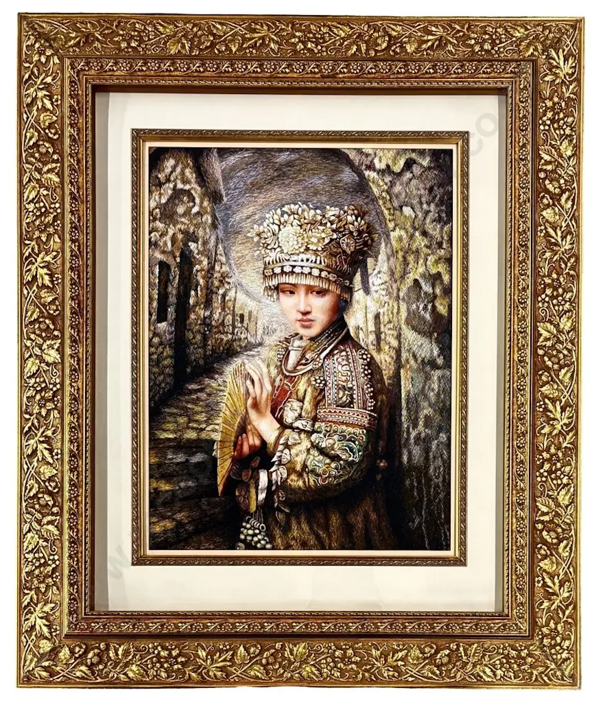 Embroidered Silk Work - Oriental Figure in Traditional Costume, 500x380mm Image 1++