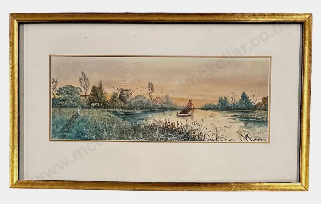 J Collins - Windmill and Boat Scene, watercolour on paper, 170x440mm Image 1++