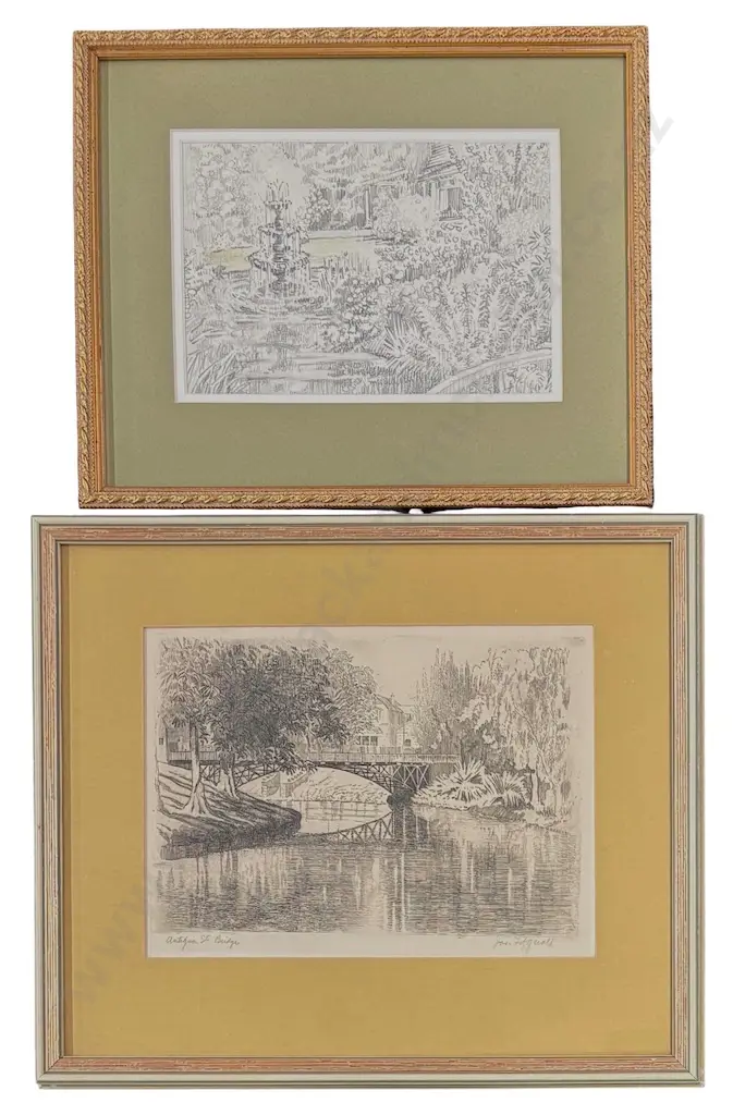 Jas Fitzgerald - Antigua Street Bridge, etching on paper, 190x260mm and Unsigned - Garden, Graphite on paper Image 1++