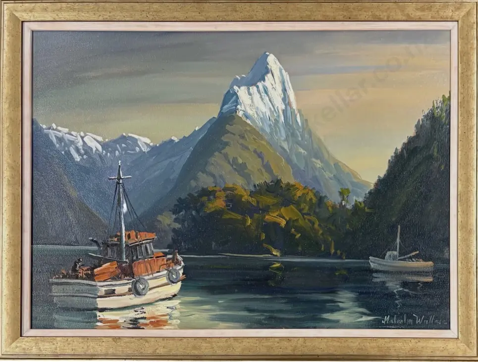 Malcolm Wallace - Fishing Boat, Mitre Peak, oil on board, 500x700mm Image 1++