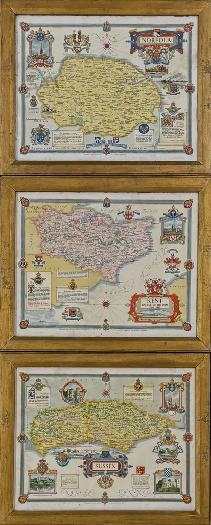 1940's Framed Maps of Sussex, Norfolk & Kent 430x550mm Image 1++