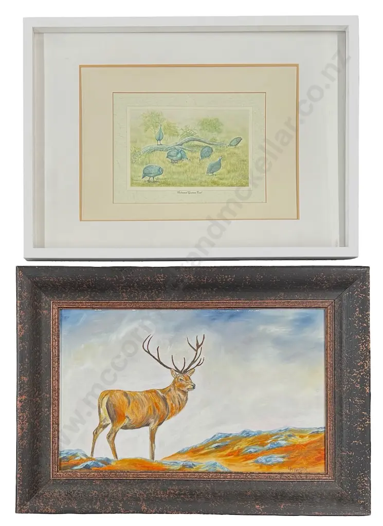D M Hampton - Southern Stag, oil on board, 300x490mm & Guinea Fowl Print Image 1++