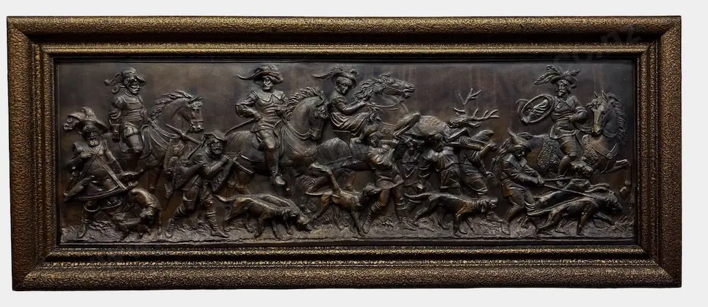 Gilt Framed Copper Relief of Hunting Scene 200x620mm Image 1++