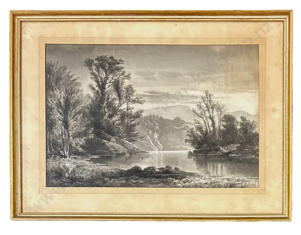 LW Wilson - A Quiet Pool, monochrome watercolour on paper, 295x450mm Image 1++
