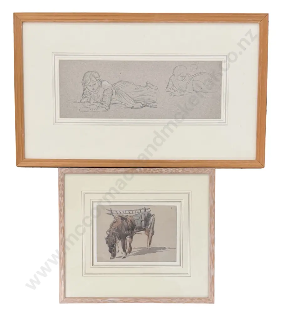H G Hooker - Horse and Cart, pen and wash, 110x116mm and Unsigned Figure Study, graphite on paper, 110x320mm  Image 1++