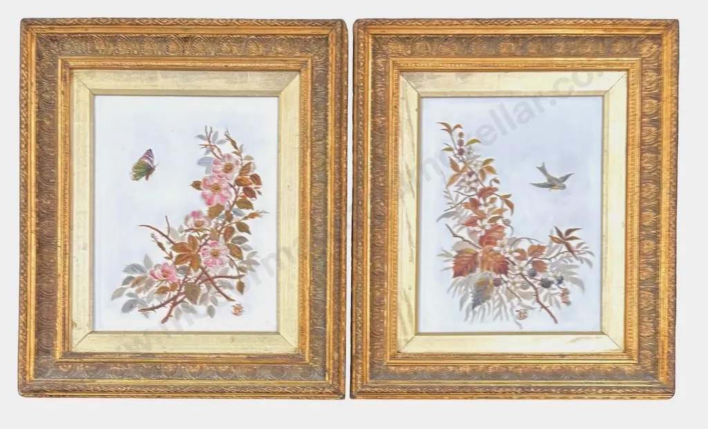 Initialed - Floral Studies with Birds and Butterflies - oil on porcelain, 240x190mm Image 1++