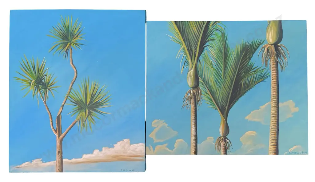 Sean McDonald - Nikaus in the sky, 2008, acrylic on canvas, 510x610mm, and Weathered Cabbage Tree, 2008, acrylic Image 1++