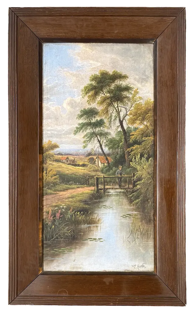 E Heaton - Cottage and Bridge Scene, oil on canvas, 600x290mm Image 1++