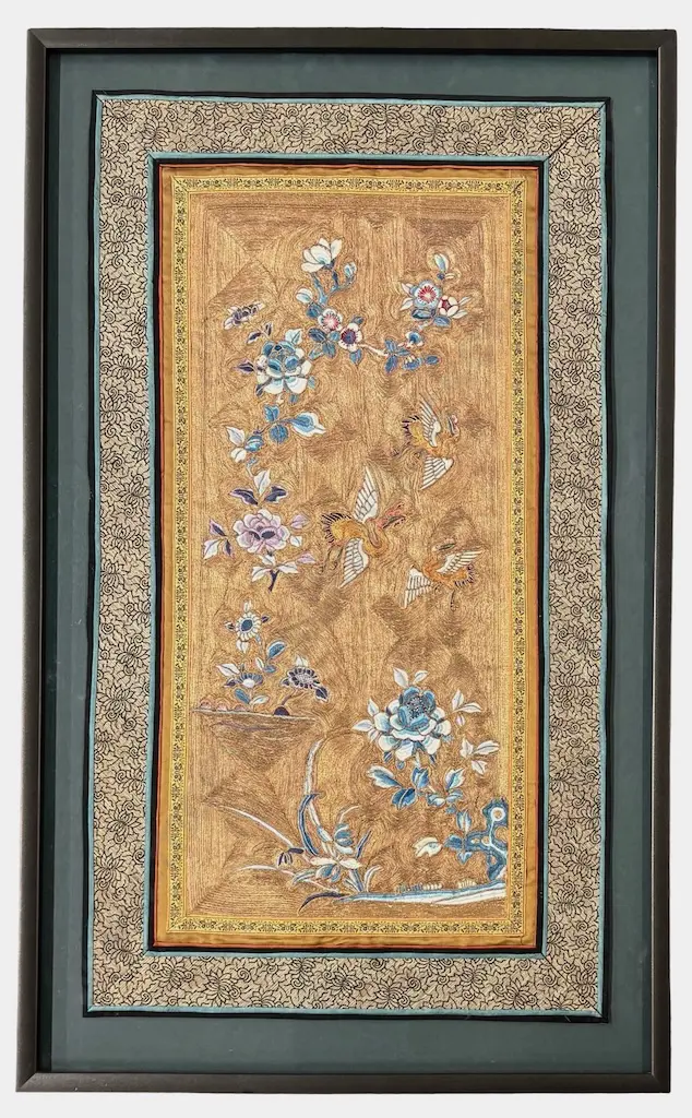 Chinese Silk Embroidery Panel with Gold Thread featuring Birds and Floral Motifs,  980x580mm Image 1++