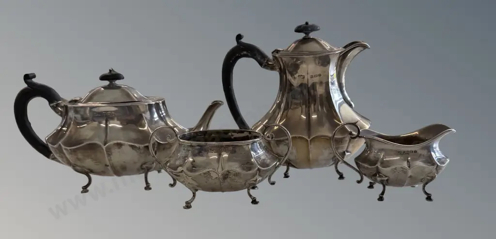Sterling Silver and Ebony Handled Footed Teapot, Coffee Pot, Sugar and Creamer TW1300gms Image 1++