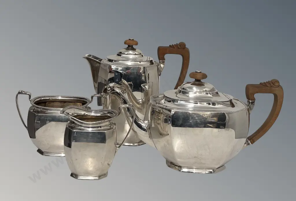 Sterling Silver Art Deco Tea and Coffee Set with beaded rims and Wooden Handles, H20,17cm, TW1658gms Image 1++