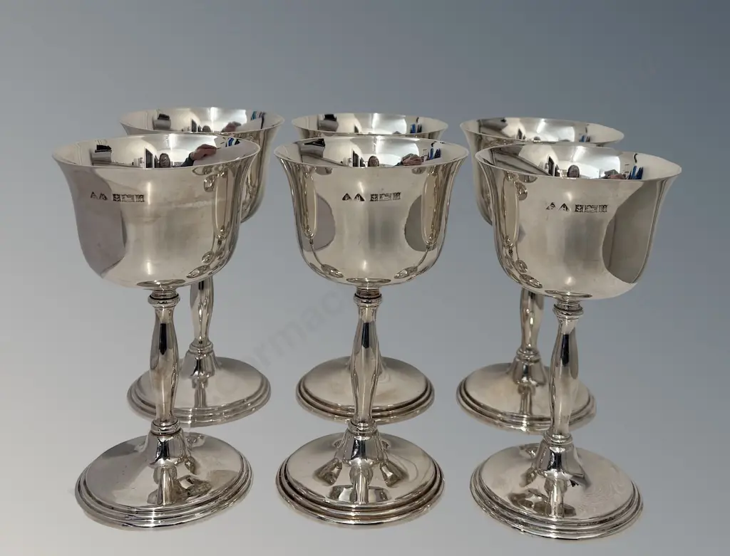 Set of 6 Sterling Silver Wine Goblets, H14cm, TW982gms Image 1++