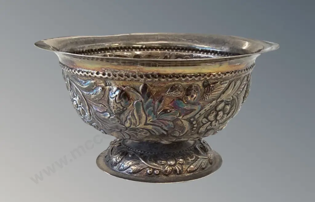 Sterling Silver Footed Bowl with Embossed Angels and Flowers, H6.5xD11.5cm, TW74.6gms Image 1++
