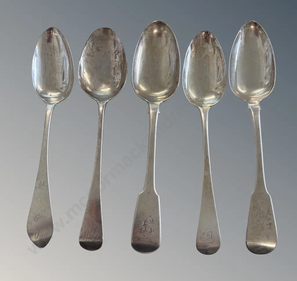 Five Assorted Sterling Silver Spoons, 1801-1830's, TW310gms Image 1++