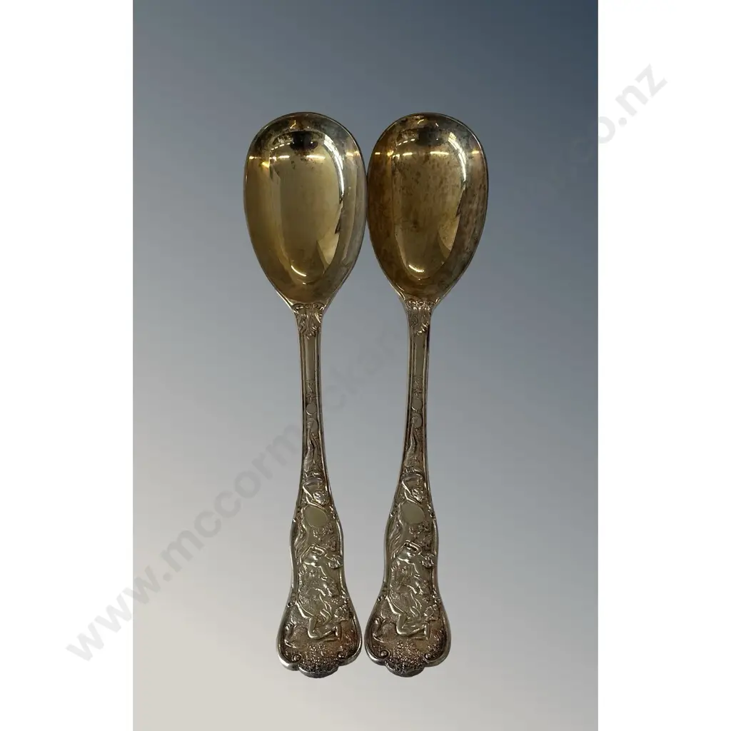 Gilded Sterling Silver Serving Spoons x 2 featuring Classical Mythological Relief Handles, TW265gms Image 1++
