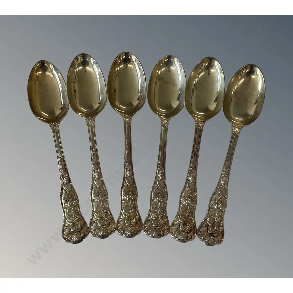 Set of 6 Gilded Sterling Silver Spoons featuring Classical Mythological Relief Handles, TW416gms Image 1++