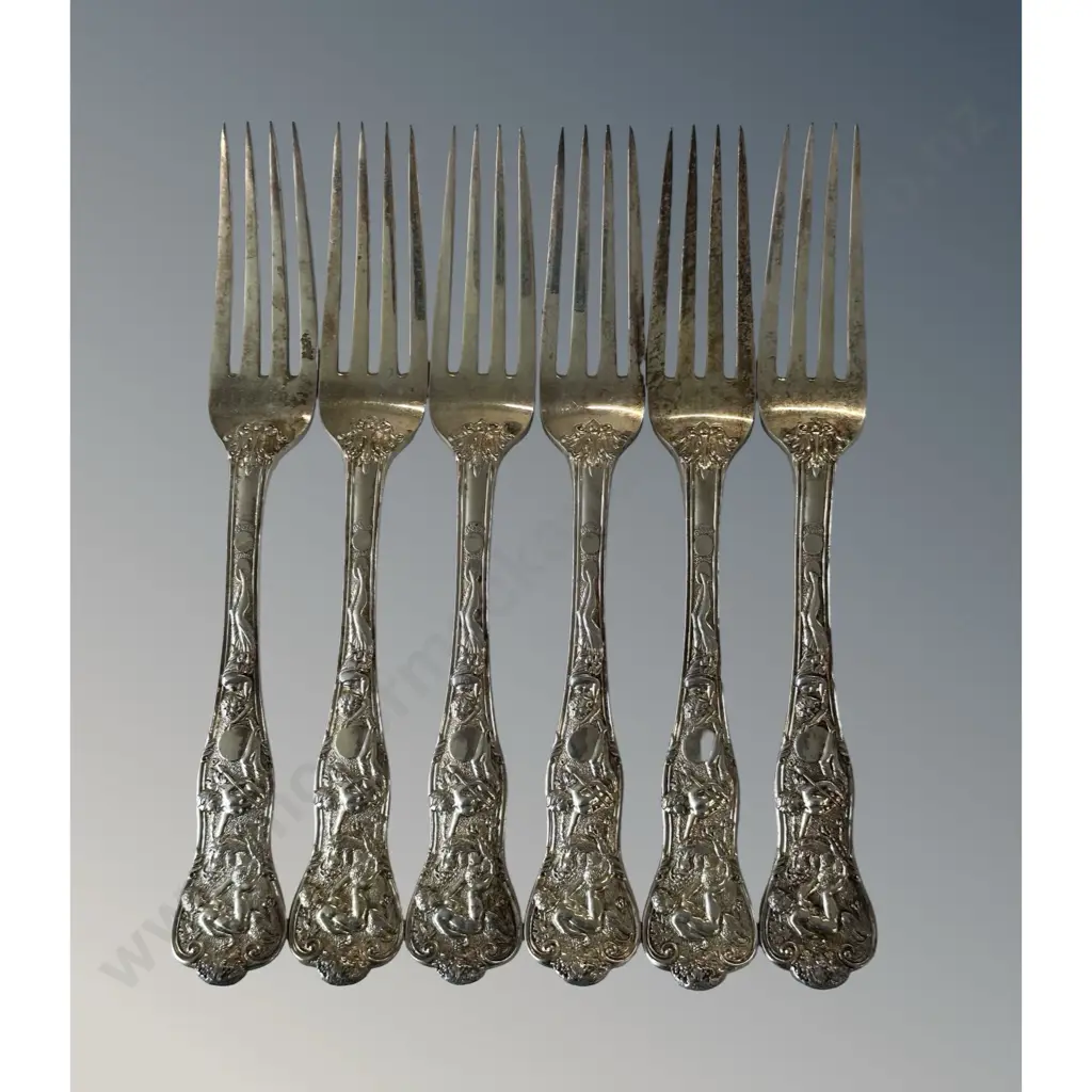 Set of 6 Gilded Sterling Silver Forks featuring Classical Mythological Relief Handles, TW445gms Image 1++
