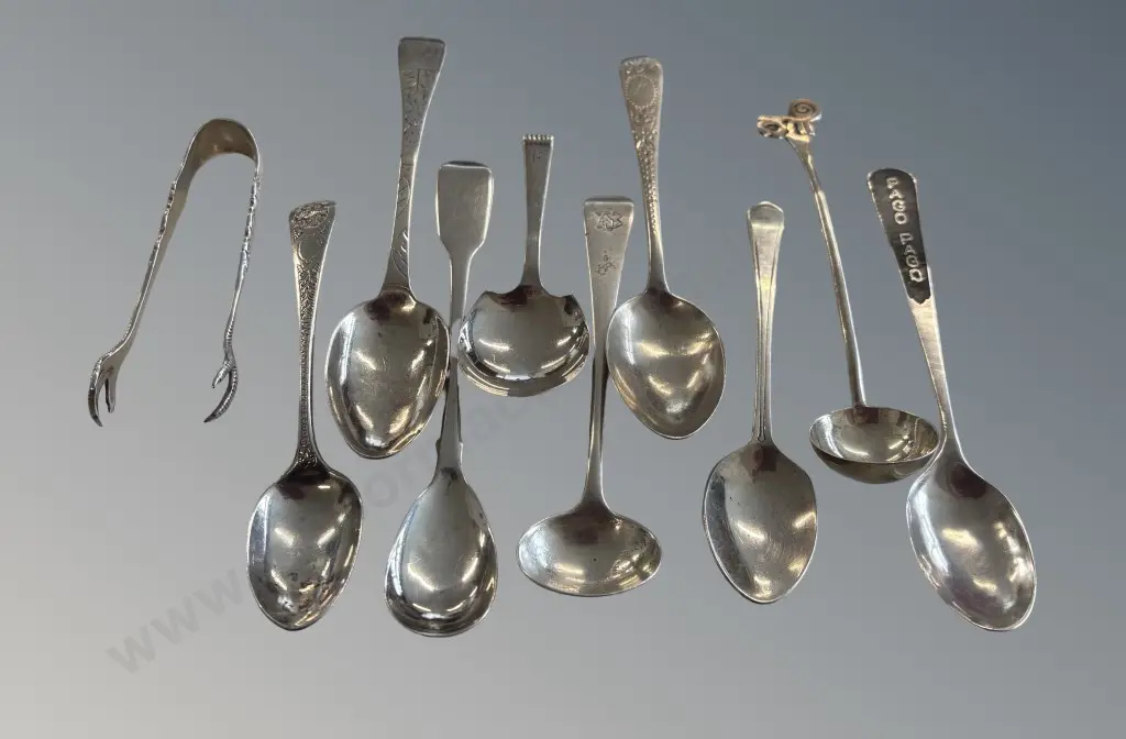 Sterling Silver Teaspoons and Sugar Tongs TW131gms Image 1++