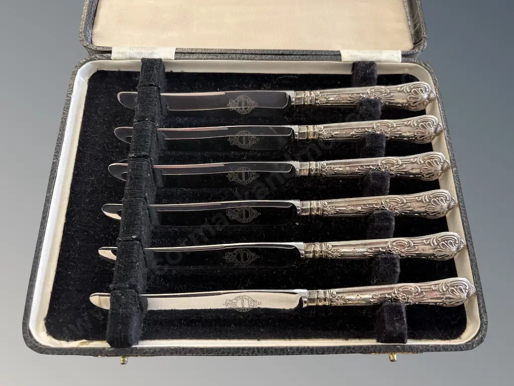 Leather Cased Sterling Silver Handled Fruit Knives Image 1++