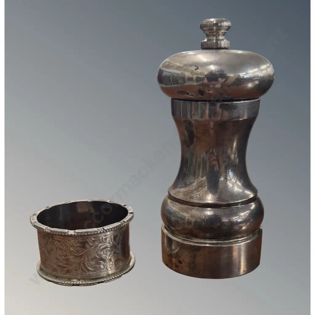 Sterling Silver Pepper Grinder and Napkin Ring, TW171gms Image 1++