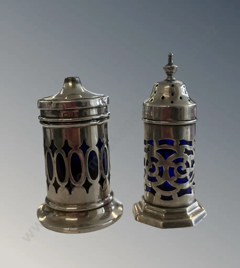 Sterling Silver Salt and Pepper Pots with Blue Glass Liners, TW91gms (including glass) Image 1++