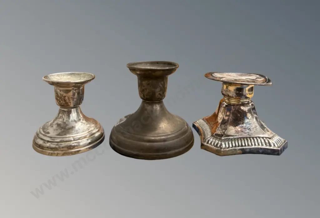 Three Sterling Silver Candlestick Holders with weighted bases, TW191gms Image 1++