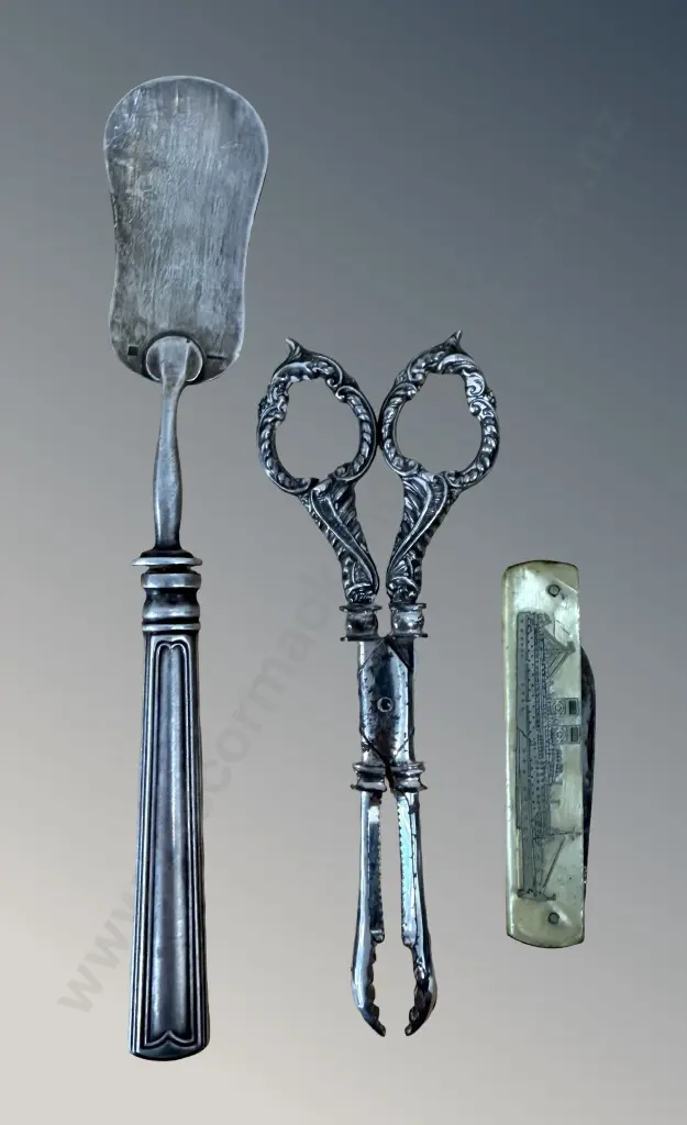 Sterling Silver Handled Nut Cracker Birmingham 1902 TW42gms, Continental Silver Cheese Scoop and Shipping Commemorative Image 1++