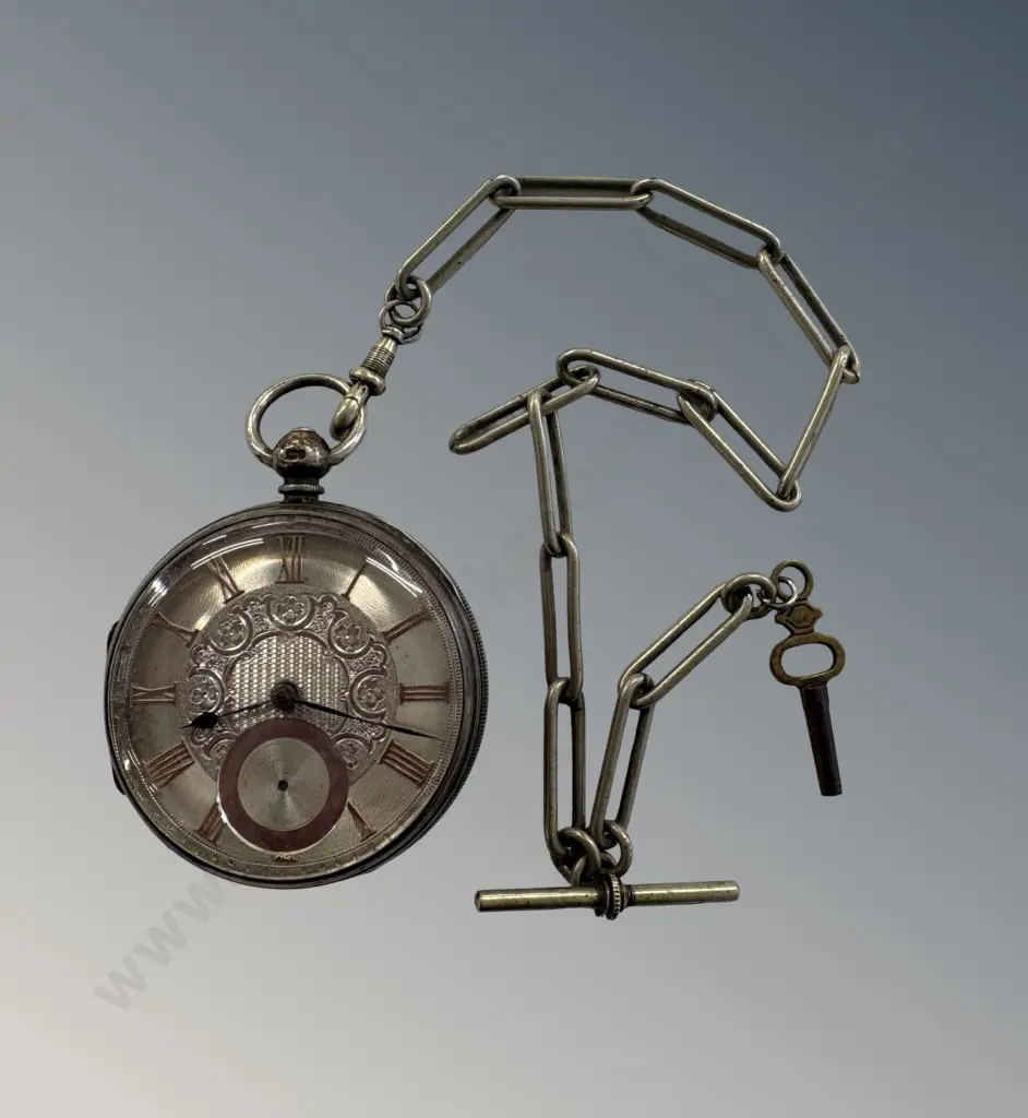 Sterling Silver Pocket Watch on Mexican Silver Fob Chain, with Key, TW162gms Image 1++