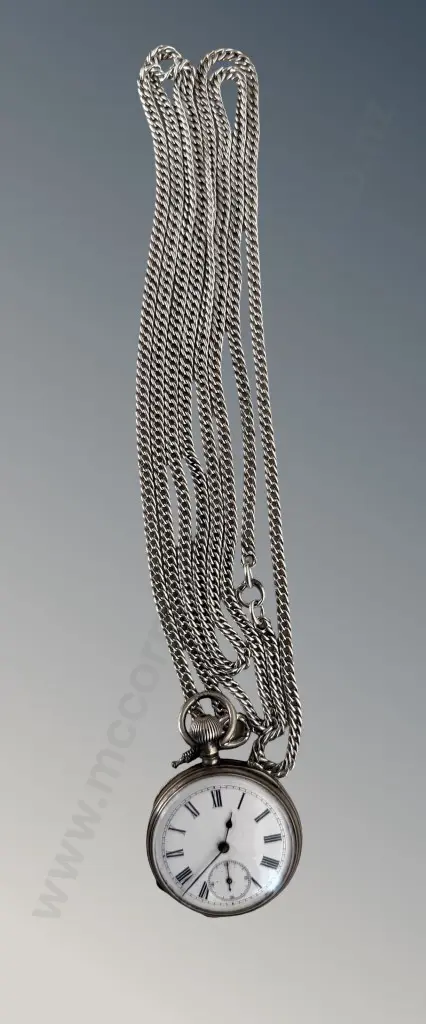 Silver Pocket Watch and Fob Chain, L76cm Image 1++