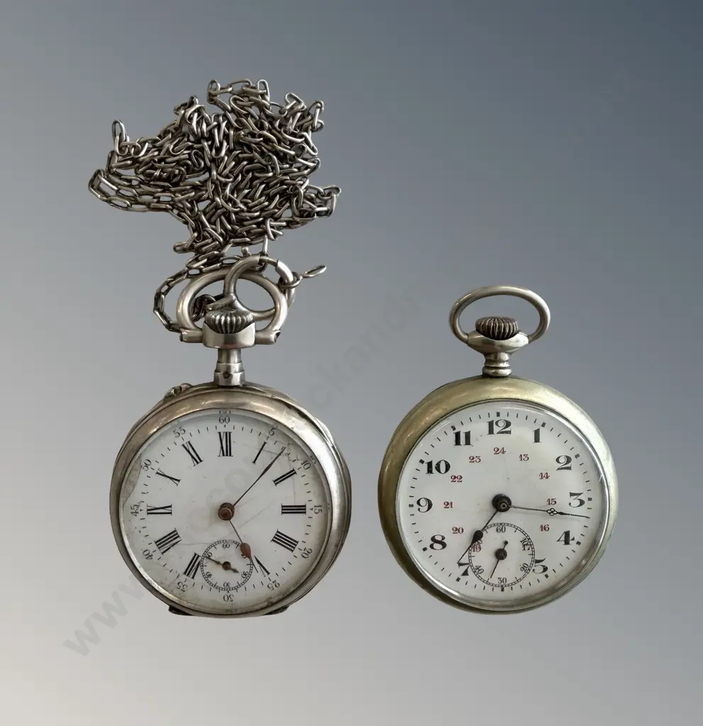 Two Silver Pocket Watches and Silver Chain Image 1++