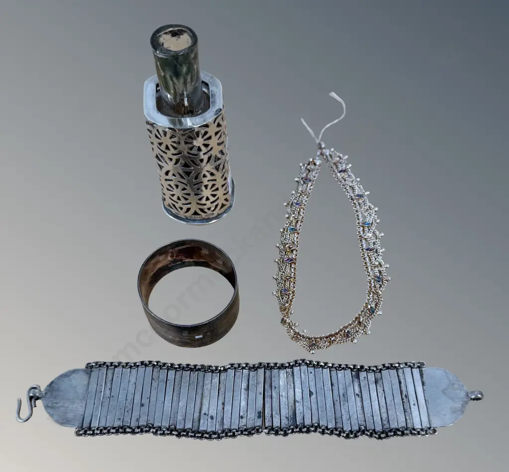 Sterling Silver and Glass Scent Bottle (no stopper), Napkin Ring and Two Sterling Silver Bracelets AF TW189gms Image 1++