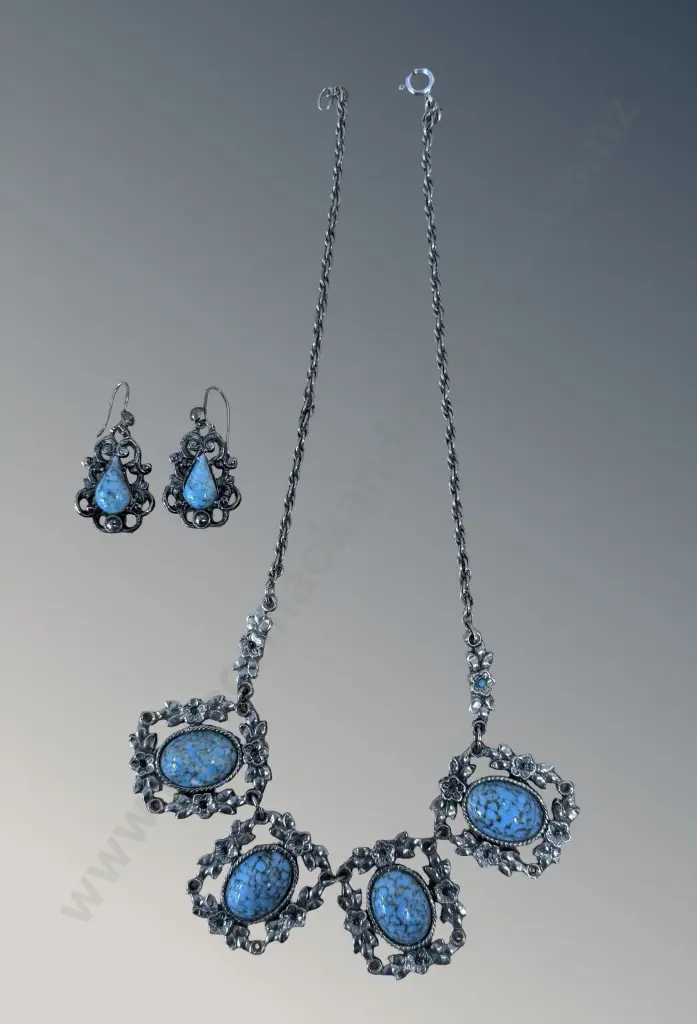 Silver and Faux Turquoise Necklace and Drop Earrings Image 1++