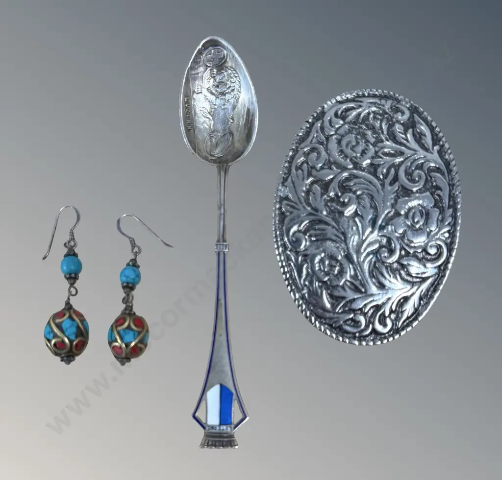 Silver, Turquoise & Coral Drop Earrings, Belt Buckle & .800 Teaspoon Image 1++