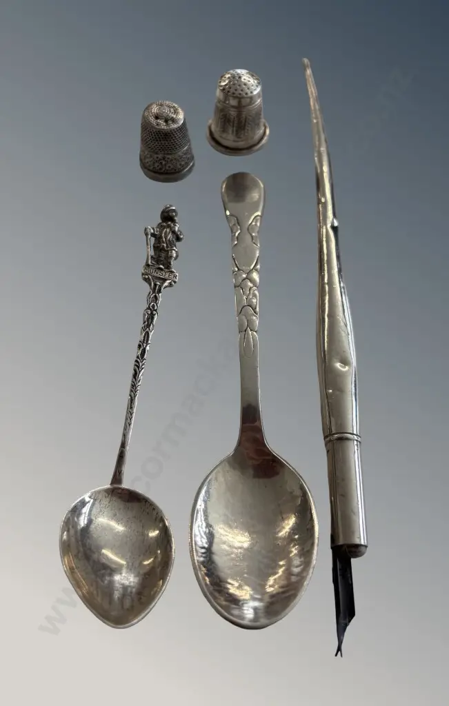 Two Sterling Silver Thimbles, Fountain Pen & .830 Silver Teaspoons TW47.8gms Image 1++