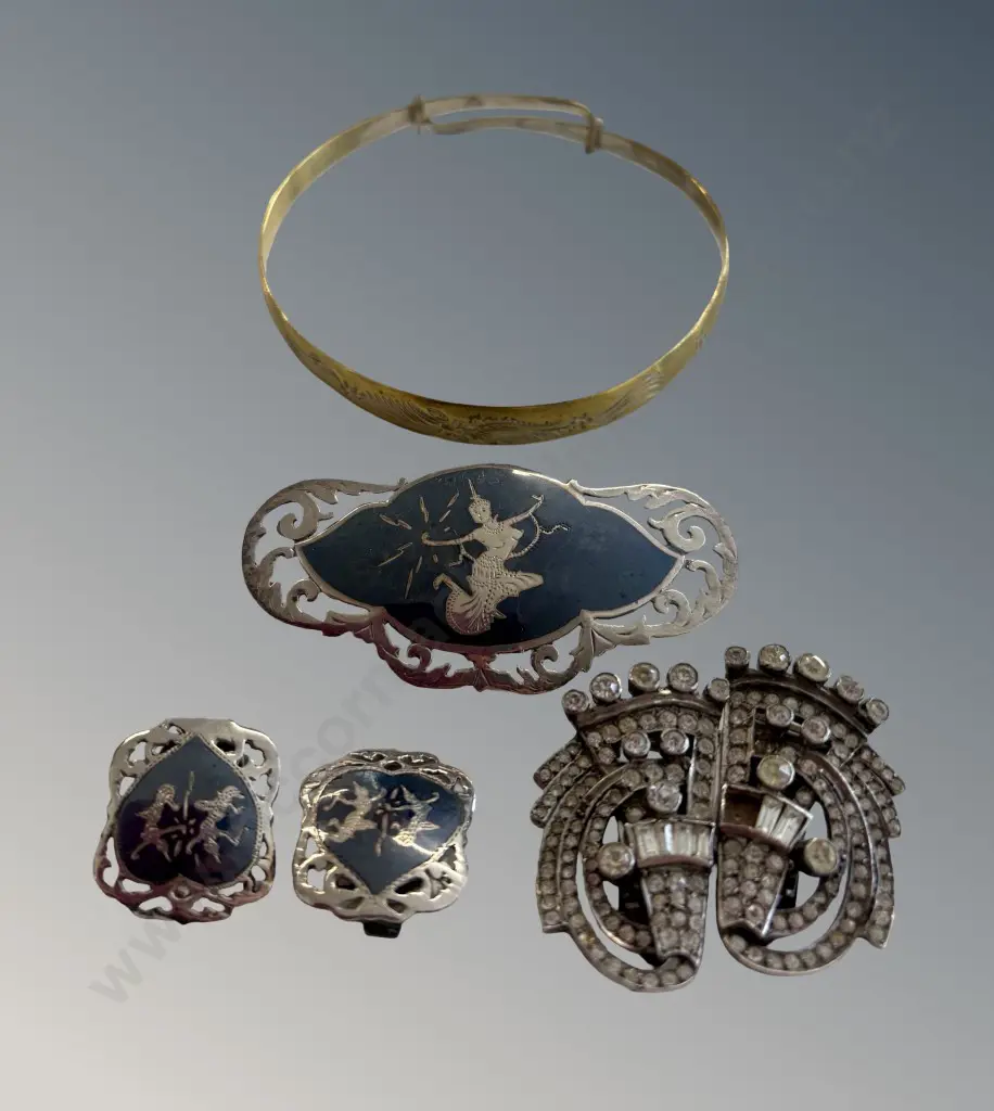 Sterling Silver Siam Brooch, Clip-On Earrings and English Sterling Rhinestone Brooch Dress Clips Image 1++