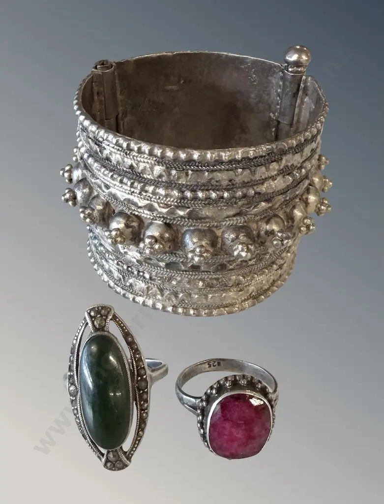 Two Sterling Silver Dress Rings and Silver Cuff Bangle Image 1++