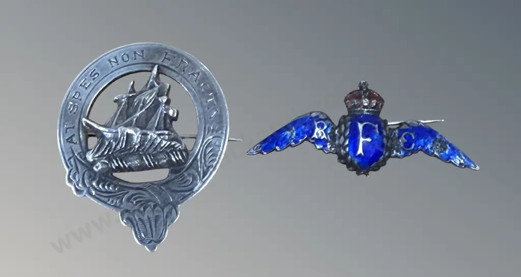 British Royal Airforce Silver and Enamel Sweetheart Brooch & Sterling Silver "At spes non fracta' Scottish Clan Brooch Image 1++