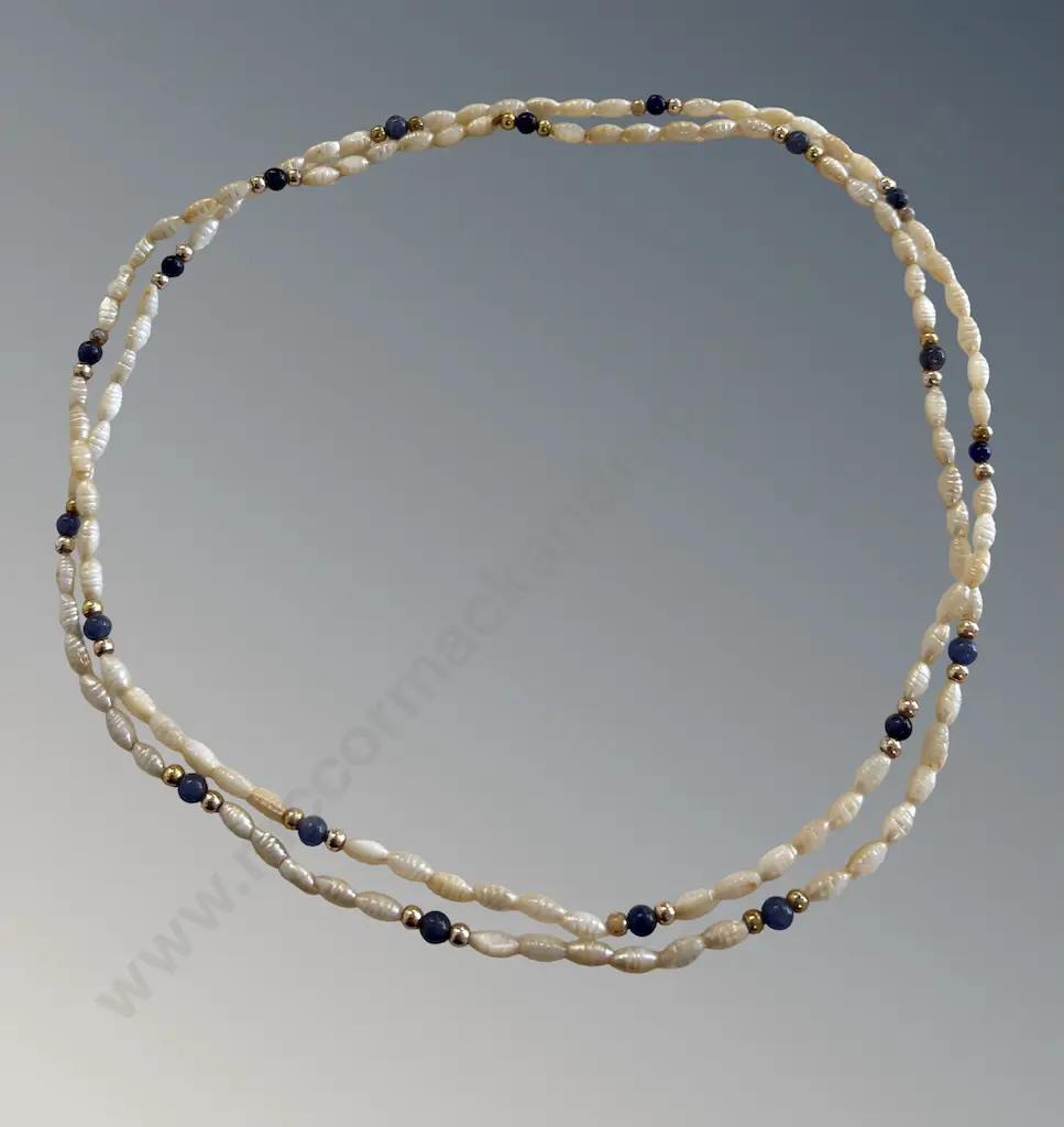 Rice Shaped White Pearl, Lapus and Gold Necklace L88cm Image 1++