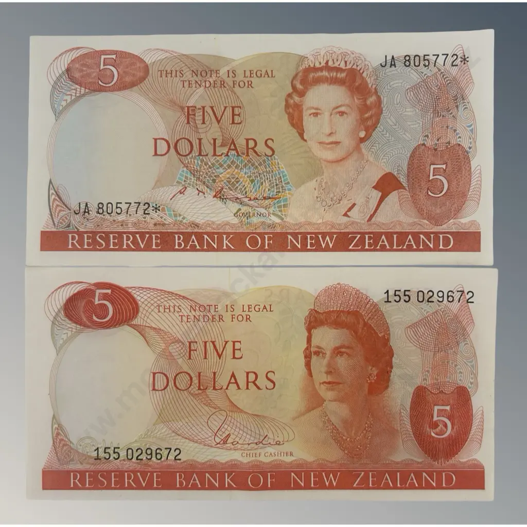New Zealand Five Dollar Star Russell and  Early Ray Hardie Bank Notes Image 1++