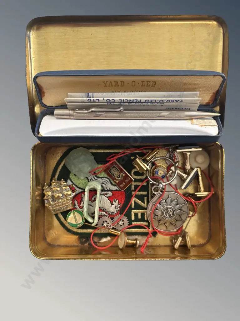 Tin of Onyx Cufflinks, Shirt Studs, Badges, Pins, Cased Pencil etc Image 1++