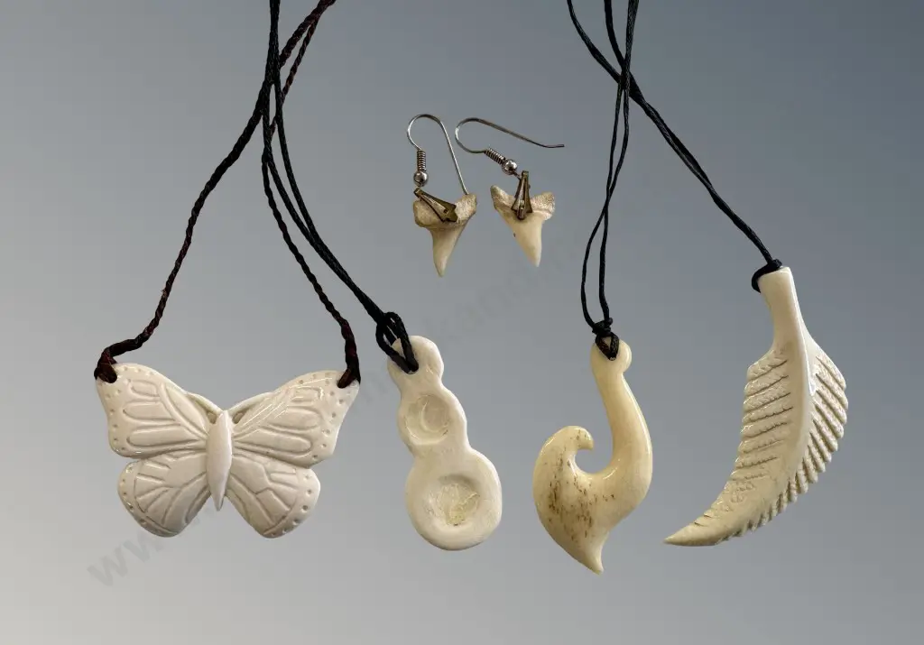 Carved Bone Necklaces (4) and Pair of Shark Tooth Earrings Image 1++
