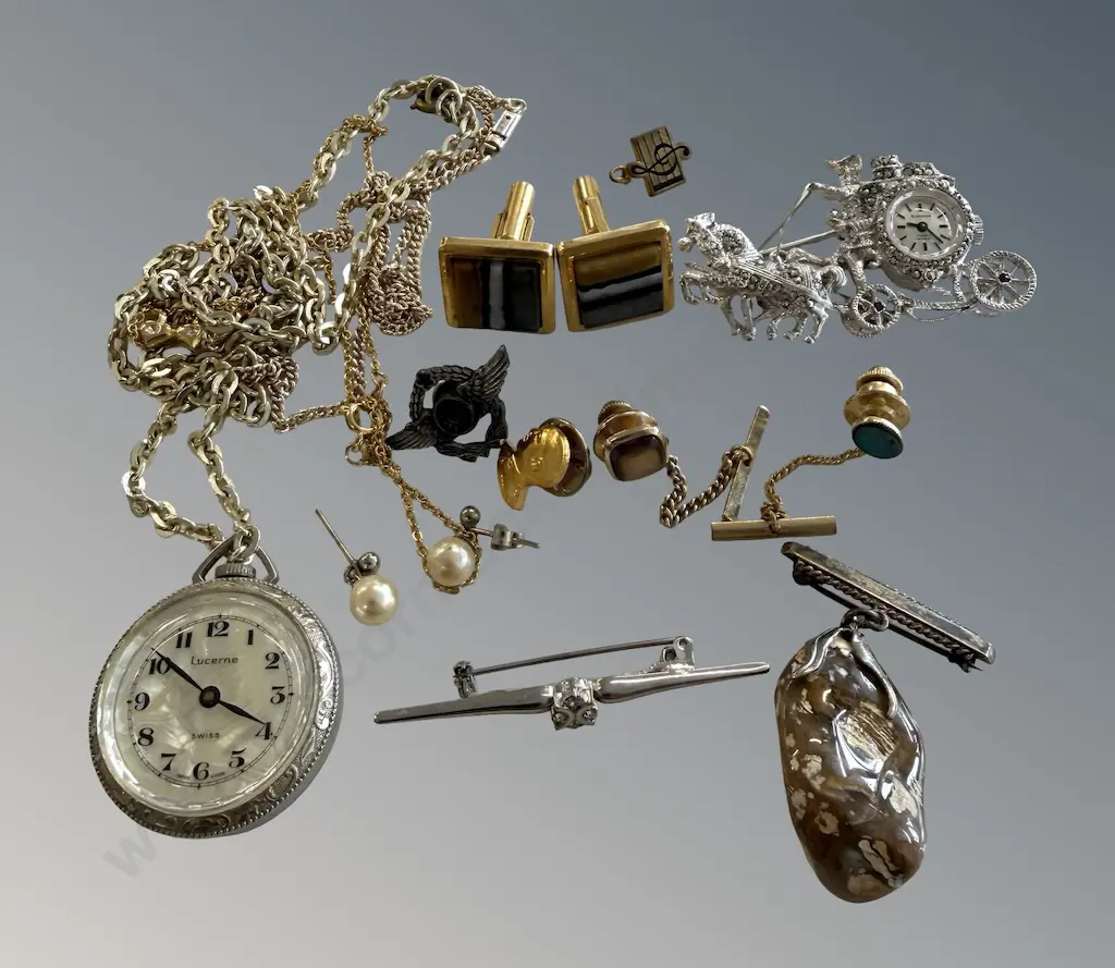 Assorted Cufflinks, Pocket Watch, Ornate Brooch Watch, Earrings etc Image 1++