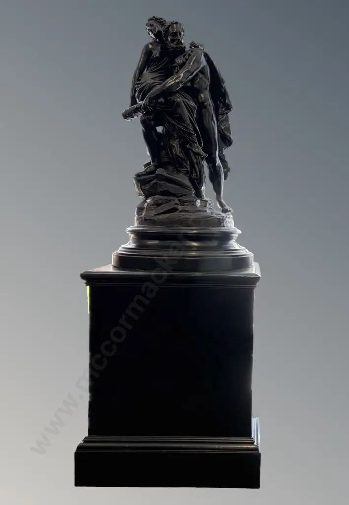 Large Metal Figural Sculpture, signed E. Aizelin, on Wooden Plinth H180xL66cm Image 1++