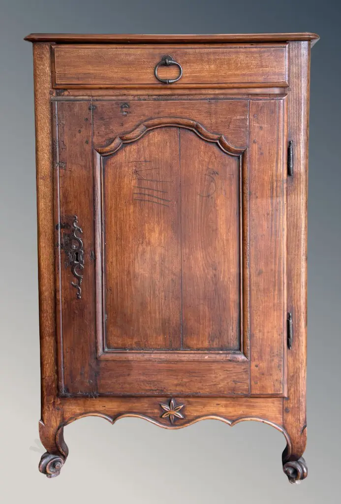 Wooden Cupboard with Single Drawer, Single Panelled Door, Iron Fixtures and Key on Scrolled Feet H120xL76xD58cm Image 1++